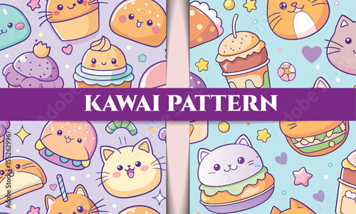 Adorable Kawaii Food and Cat Seamless Patterns Cute Pastel Designs