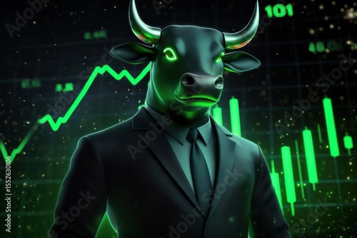Bull in Suit and Tie with Horns Futuristic 3D bullish divergence Stock market