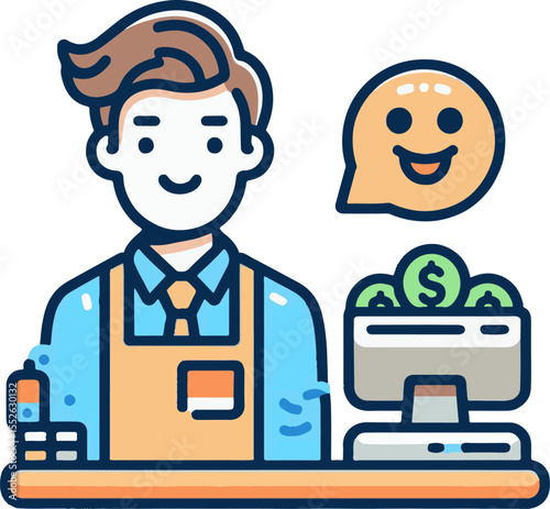 Male cashier smiling while working at the register counter  