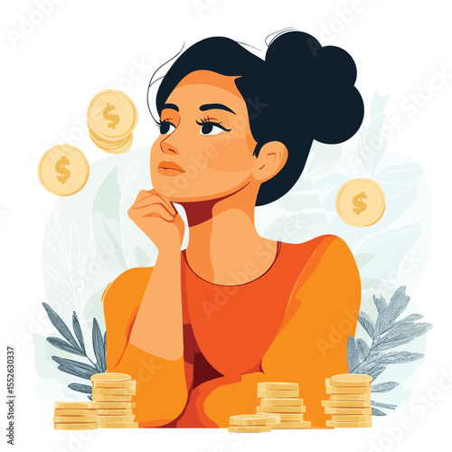 A woman thinking about money, flat graphic style, on a light background, concept of financial planning. Vector illustration, vector style simple color