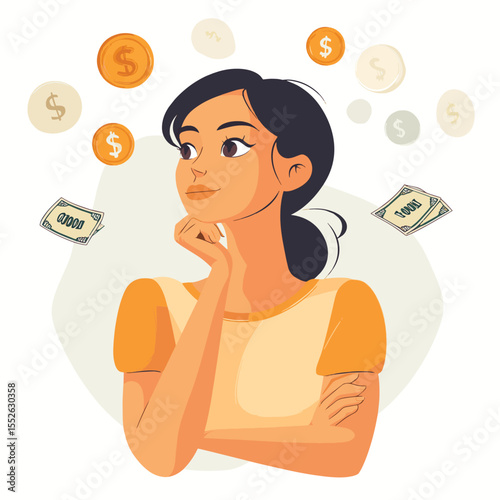 A woman thinking about money, flat graphic style, on a light background, concept of financial planning. Vector illustration, vector style simple color