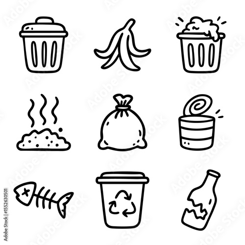 A set of doodle line icons showing various waste items and containers including garbage bins, recycling, rotten food, and trash bags