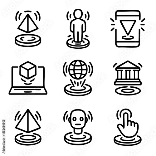 A set of doodle line icons featuring holograms, augmented reality, virtual interface, human avatars, digital worlds, and 3D objects