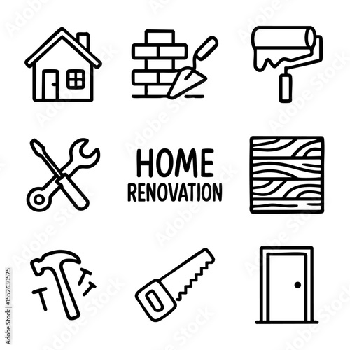 A set of doodle line icons related to home renovation, including tools, house elements, wood, paint roller, and construction symbols