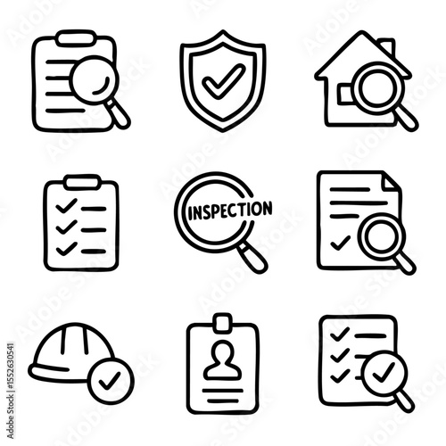 A set of doodle line icons showing inspection, verification, safety checks, documents, and magnifying glass symbols for audits and reports