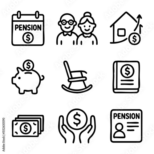 A set of doodle line icons representing pensions, retirement planning, senior savings, financial support, and elderly income security symbols
