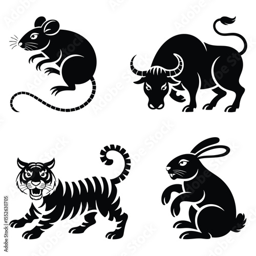 Chinese Zodiac Animals: Rat, Ox, Tiger, Rabbit - Pixel Art Graphics