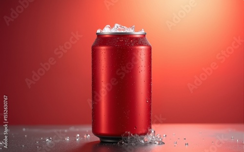 A refreshing beverage in a red can with condensation perfect for advertising and marketing vis. High quality