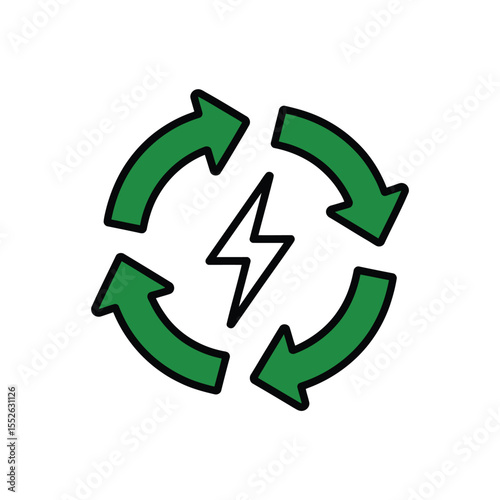 Renewable Energy Icon with Green Arrows and Lightning Bolt Symbol