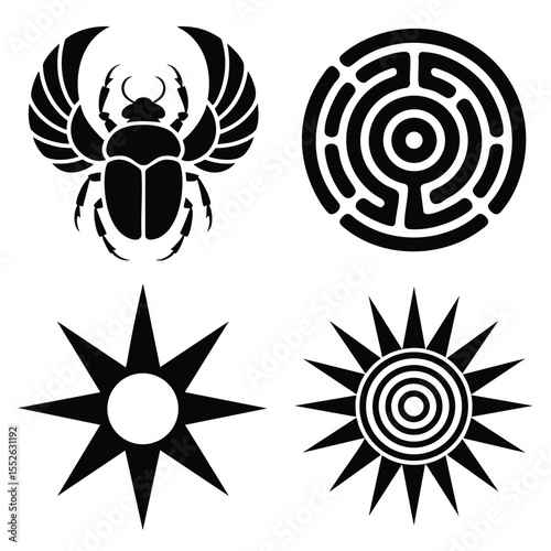 Ancient Symbols: Scarab, Labyrinth, Sun & Star Designs - Powerful Graphic Elements