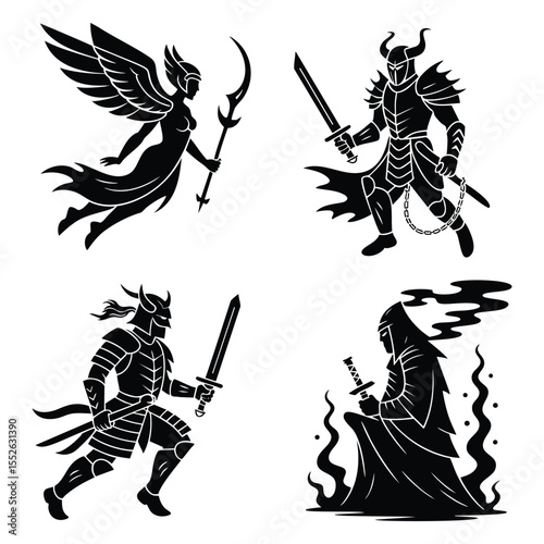 Pixel Art: Angel, Demon, Warrior, and Monster Silhouettes
