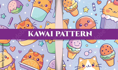 Adorable Kawaii Cat Ice Cream and Sweets Seamless Pattern