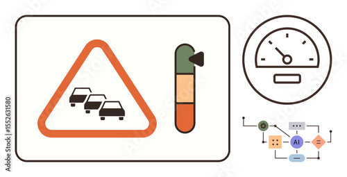 Warning triangle with cars, fuel gauge, speedometer, and AI-based workflow diagram. Ideal for traffic control, data analysis, safety automation, energy efficiency, AI integration road monitoring