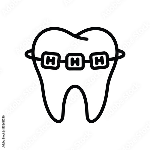 Line Art Icon of Tooth with Braces