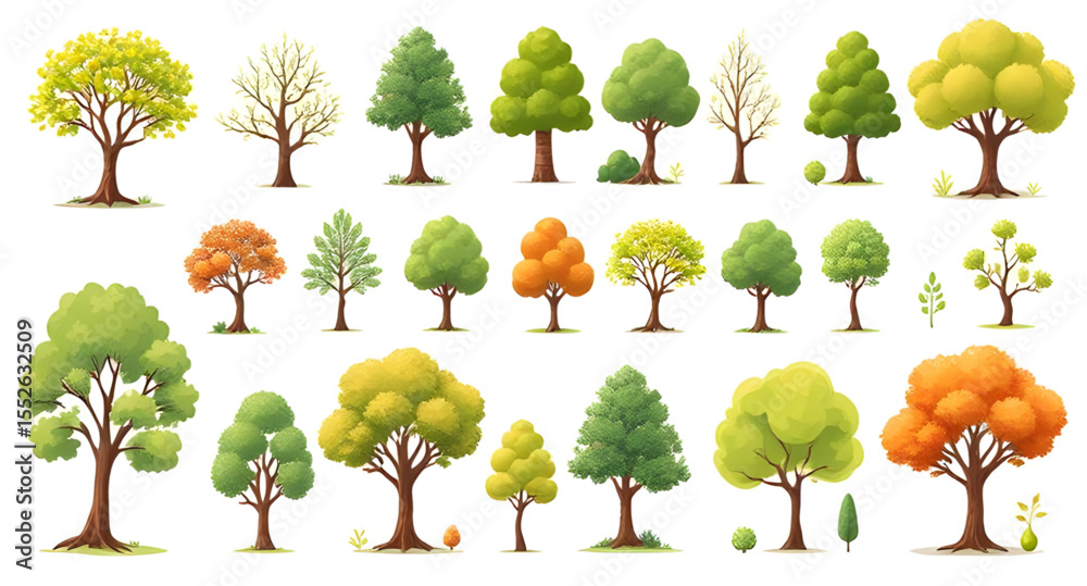 Various tree shapes, Tree clipart set, Different tree types, Tree icons, Nature tree set, Tree foliage collection, Evergreen trees, Deciduous trees vector, Tree group illustration, Forest scene elemen