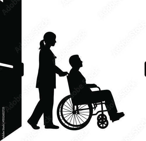Nurse pushing a patient in wheelchair, black and white hospital silhouette vector