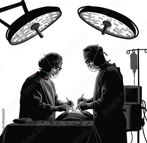 Surgeons operating in surgery room with overhead light, silhouette style