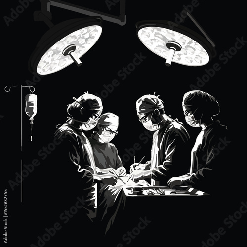 Surgeons operating in surgery room with overhead light, silhouette style
