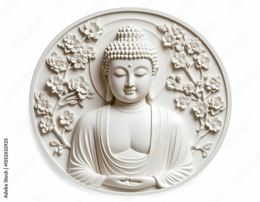 Fototapeta premium Serene Buddha Wall Relief Ornate Floral Patterns and Tranquil Features