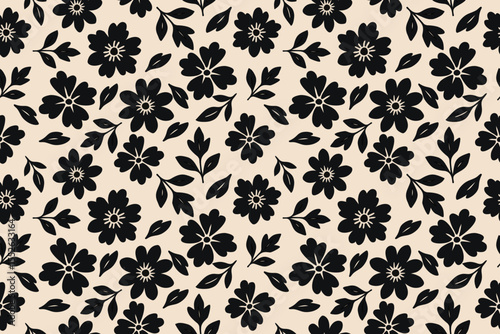 Charming black floral pattern on beige background, featuring symmetrical flowers and scattered leaves—perfect for vintage-inspired fabric, stationery, or wallpaper.
