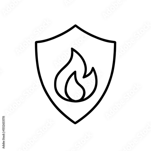 Shield with Fire Icon Representing Thermal Protection in Space – Outline