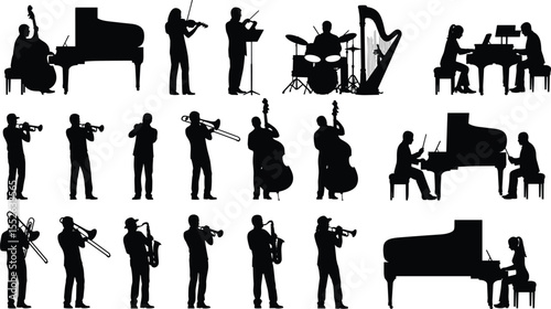 Musician silhouette collection, people playing instruments, jazz band vector, orchestra players, music performance design, black music clipart, concert illustration