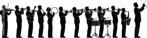 Orchestra musicians silhouette, conductor leading ensemble, trumpet, trombone, violin, saxophone, drums, symphony band performance, vector illustration, concert scene, music art