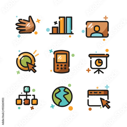Nine business icons on a white background.
