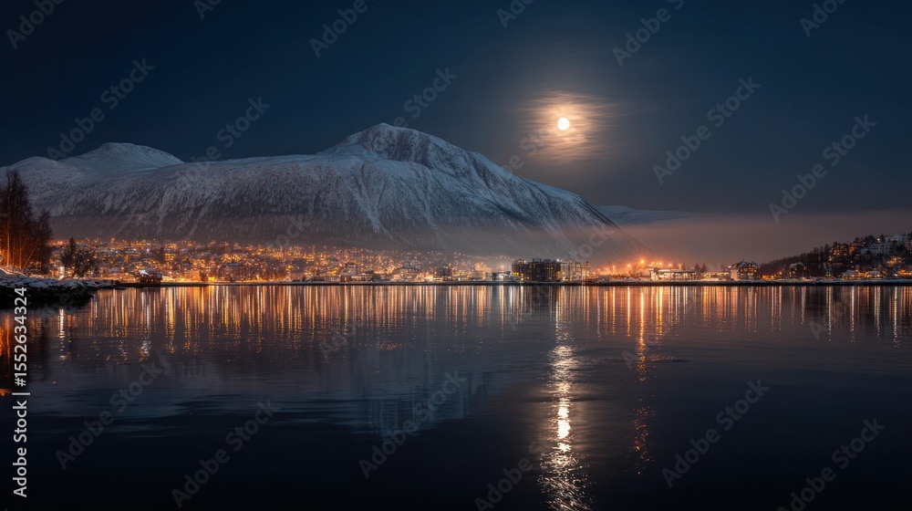 Snowy mountain range reflecting on a moonlit harbor Snowy mountain range reflecting on a moonlit harbor