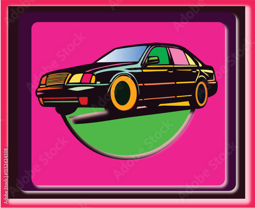 A multicolor lowrider with custom paint and chrome rims, stylized in vector lines."