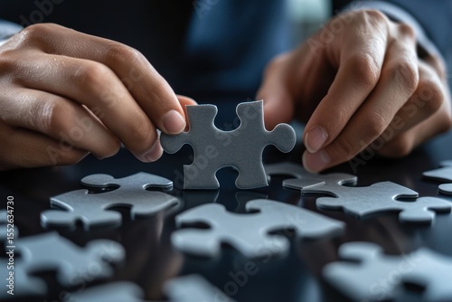 Close-up of hands in suit placing final puzzle pieces in symbolic M&A concept