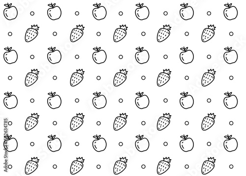 An apple fruit and strawberry illustration pattern with white background, food packaging, fruit illustration hand drawn print ads, food business, farm