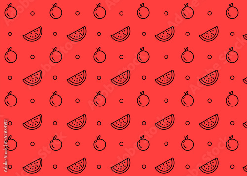 An orange fruit and watermelon illustration pattern with red background, food packaging, fruit illustration hand drawn print ads, food business, farm