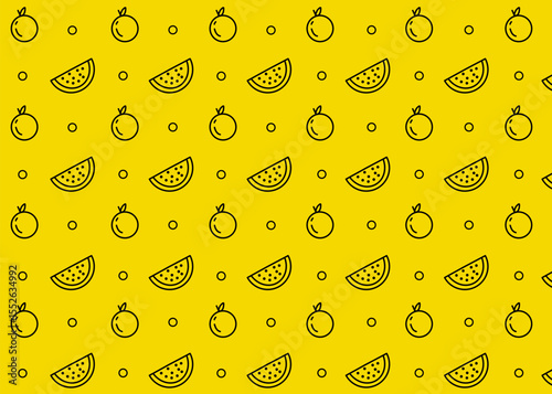 An orange fruit and watermelon illustration pattern with yellow background, food packaging, fruit illustration hand drawn print ads, food business, farm