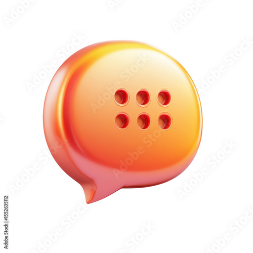 Glossy orange chat bubble graphic with six dots speech communication on transparent background