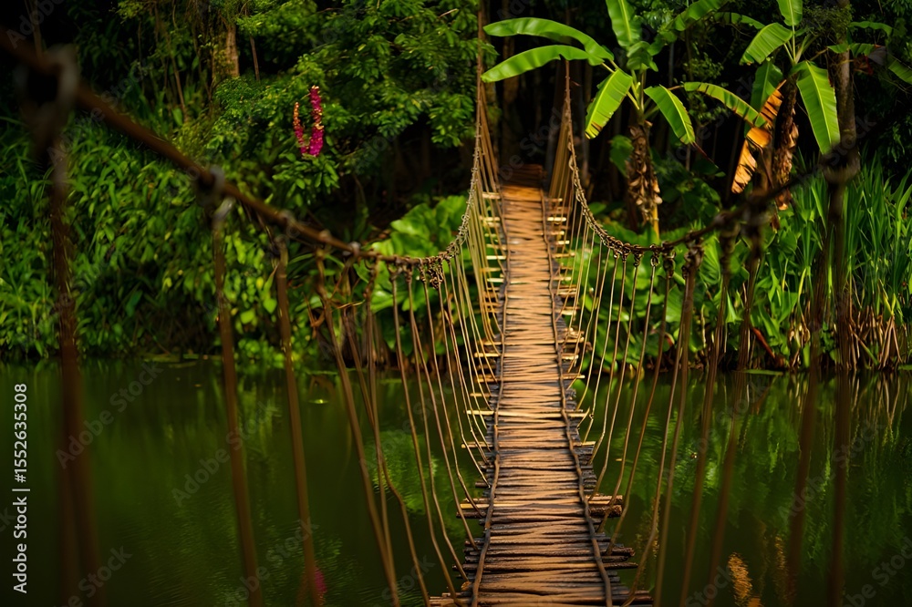 Obraz premium Jungle Rope Bridge Over Dark Water: Mysterious, Adventurous, Lush Tropical Foliage