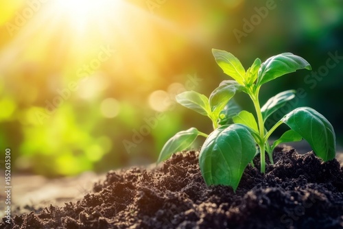 Close-up of basil sprouting from soil, natural sunlight and soft lens flare, new life concept