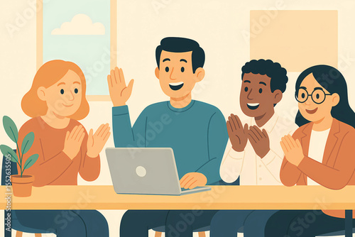 Team meeting scene with people smiling, one person presenting from laptop, others applauding, modern workplace illustration