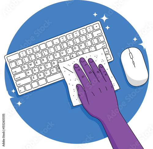 Cleaning computer keyboard, wiping office desk, hygiene at workspace, disinfecting mouse and keyboard, digital equipment sanitation, workplace safety protocol