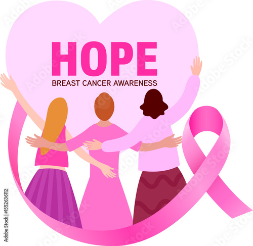 Group of ladies in pink cheering and hugging. Pink ribbon and heart shape. Breast cancer awareness. Vector illustration.