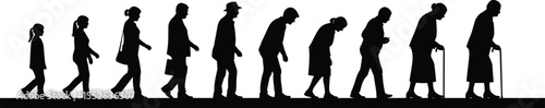 Aging process silhouette, girl to elderly woman, human life stages, old age journey, generational transition, cane, walking, evolution timeline