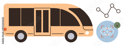 Modern public transport bus with doors, advanced vision technology, and network connections. Ideal for innovation, transport, smart cities, technology, mobility AI automation. Simple flat metaphor