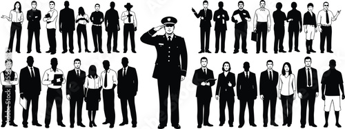 Professional silhouettes collection, business people, corporate team, officer salute, diverse occupations, career concept, standing poses, vector illustration, isolated black set