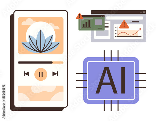 Smartphone music player, AI chip icon, data dashboards with alerts. Ideal for AI, music streaming, data analytics, technology, innovation automation and productivity themes. Simple flat metaphor
