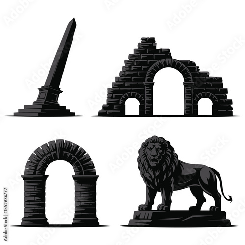 Pixel Art: Ancient Ruins & Majestic Lion - A Monochrome Design