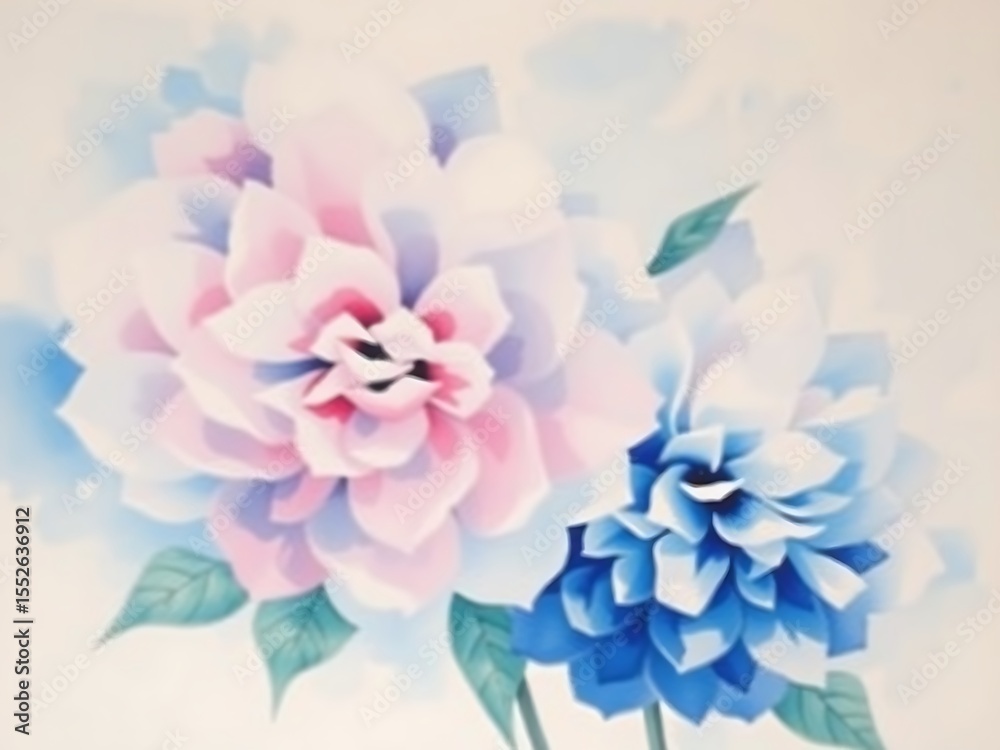 Fototapeta premium Elegant watercolour illustration of pink and blue dahlia flowers with delicate green leaves