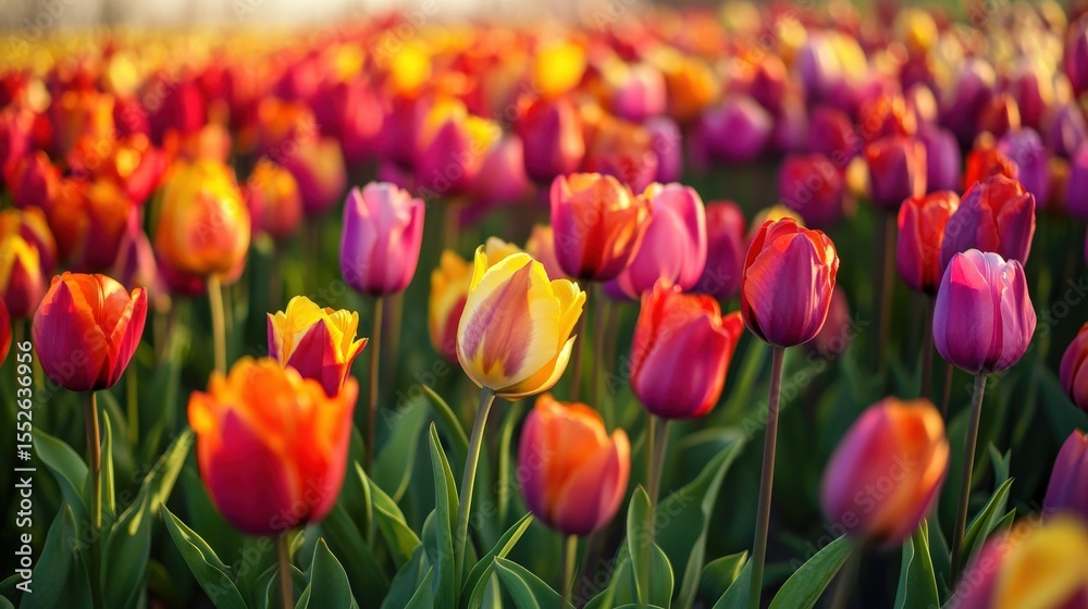A field of vibrantly colored tulips in various hues bask in sunlight A field of vibrantly colored tulips in various hues bask in sunlight