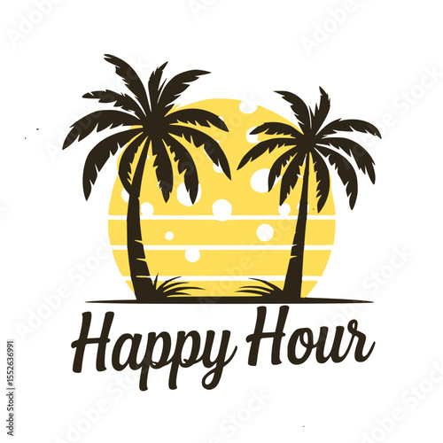 Happy Hour Tropical Pickleball Sunset Graphic, Retro-style design featuring a pickleball, palm trees, and sunset with "Happy Hour" text, blending sports and vacation vibes.

