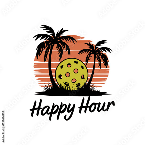 Happy Hour Tropical Pickleball Sunset Graphic, Retro-style design featuring a pickleball, palm trees, and sunset with "Happy Hour" text, blending sports and vacation vibes.

