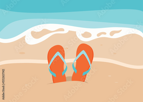 Flip flops on the beach. Sandy coast and waves. Summer vector illustration for banner, card, invitation, sales.